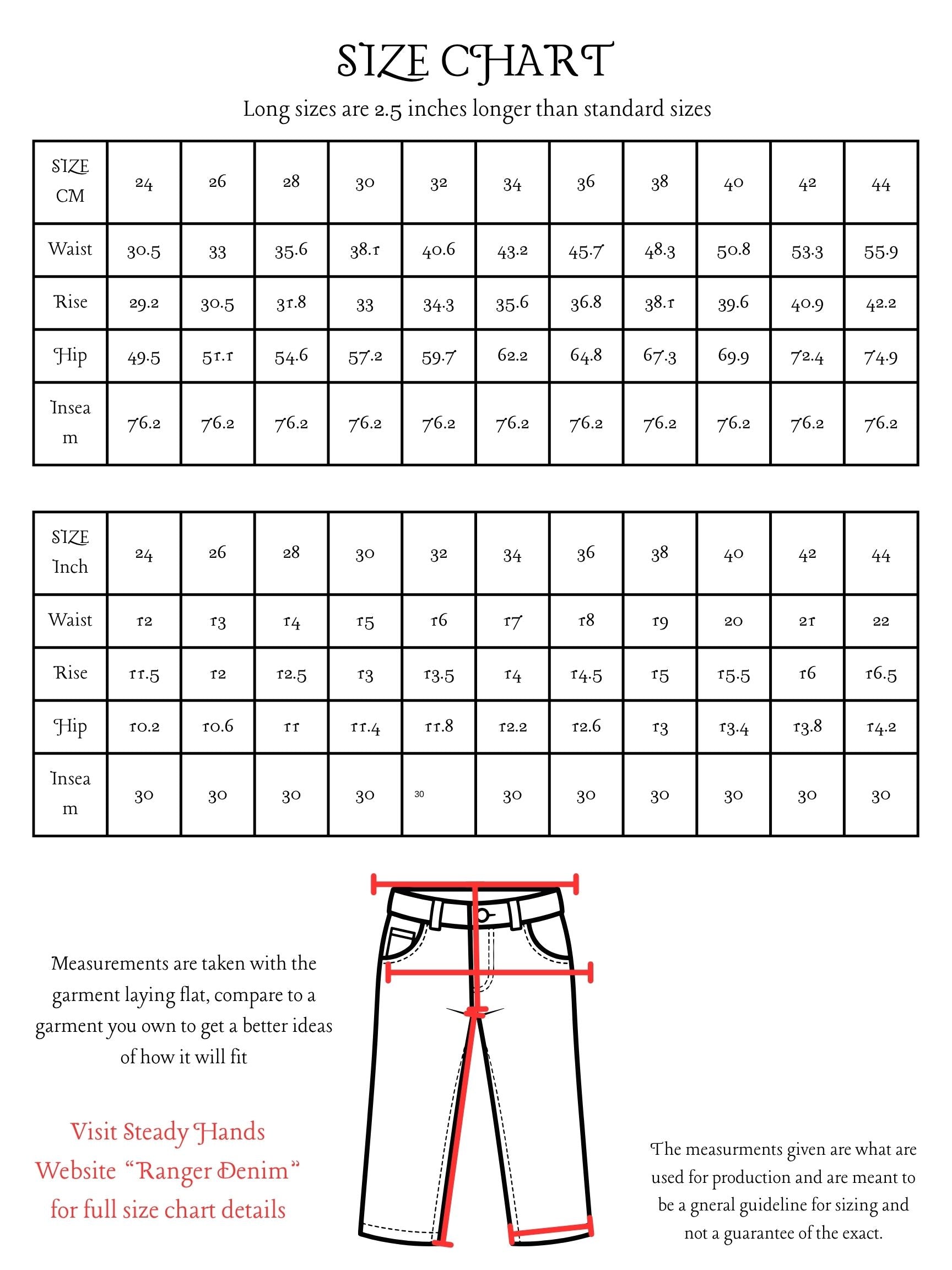 ranger denim size chart 